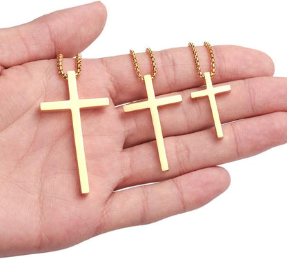 Easter Basket Stuffers - Cross Necklace for Men Teen Boys, Silver Black Gold Stainless Steel Plain Cross Pendant Necklace Box Chain 16-30 Inch