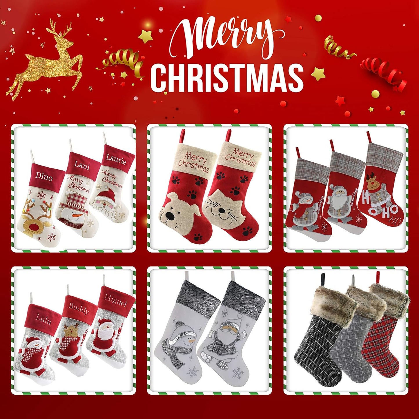 Lovely Christmas Stockings Set of 3 Santa, Snowman, Reindeer, Xmas Character 3D Plush Linen Hanging Tag Knit Border for Family Kids
