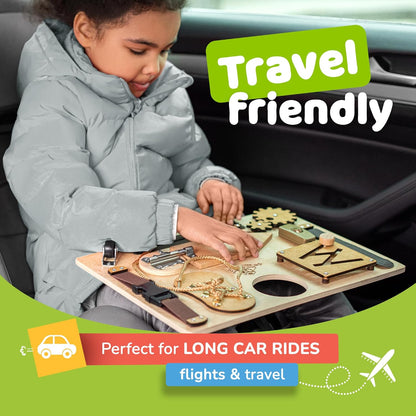 Sensory Busy Board for Toddlers, Premium Wooden Toddler Busy Board for 1 2 3 Year Old with 10 Educational Activities for Fine Motor Skills, Fidget Activity Toy for Travel